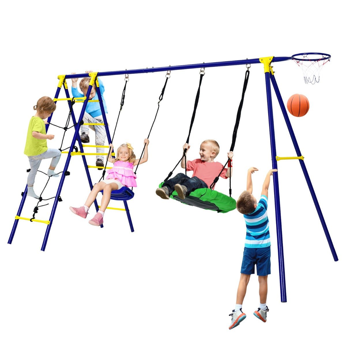 Kids Swing Set with A-Shaped Metal Frame: 5-in-1 Outdoor Delight
