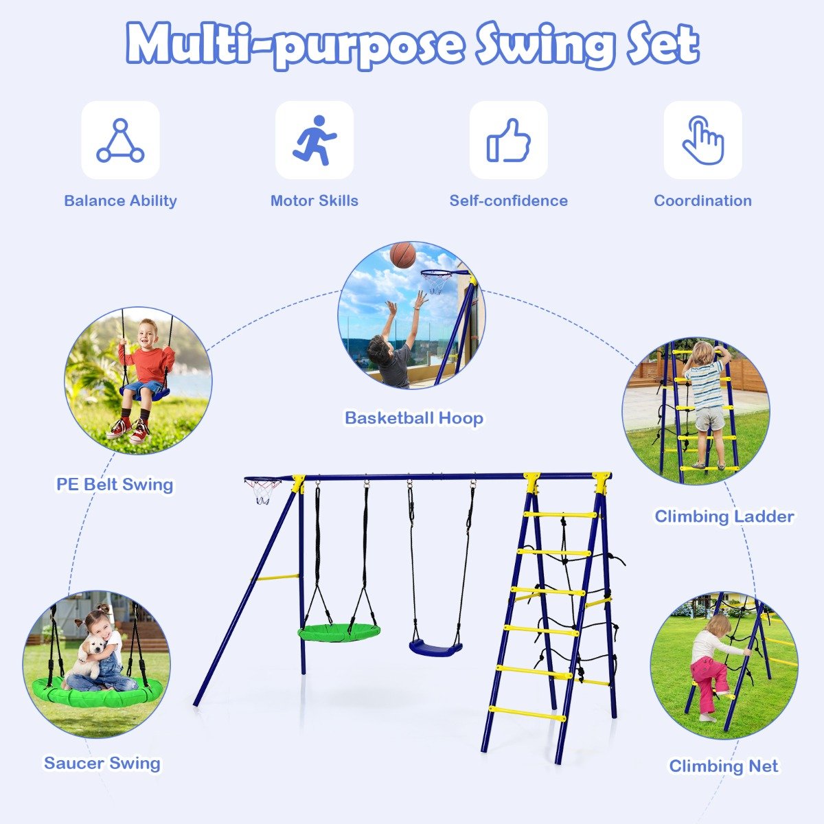 A-Shaped Metal Frame Swing Set: 5-in-1 Outdoor Play for Happy Kids