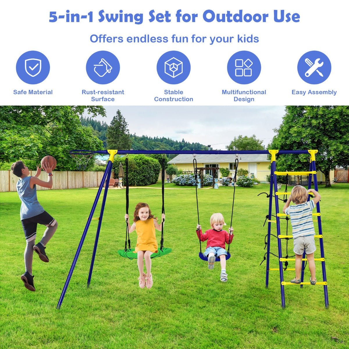 5-in-1 Backyard Swing Set: A-Shaped Metal Frame for Kids Joy