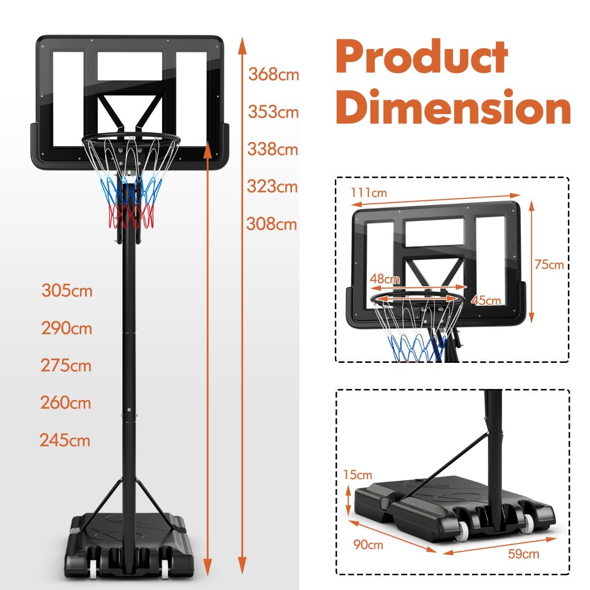 Height-adjustable basketball goal with backboard