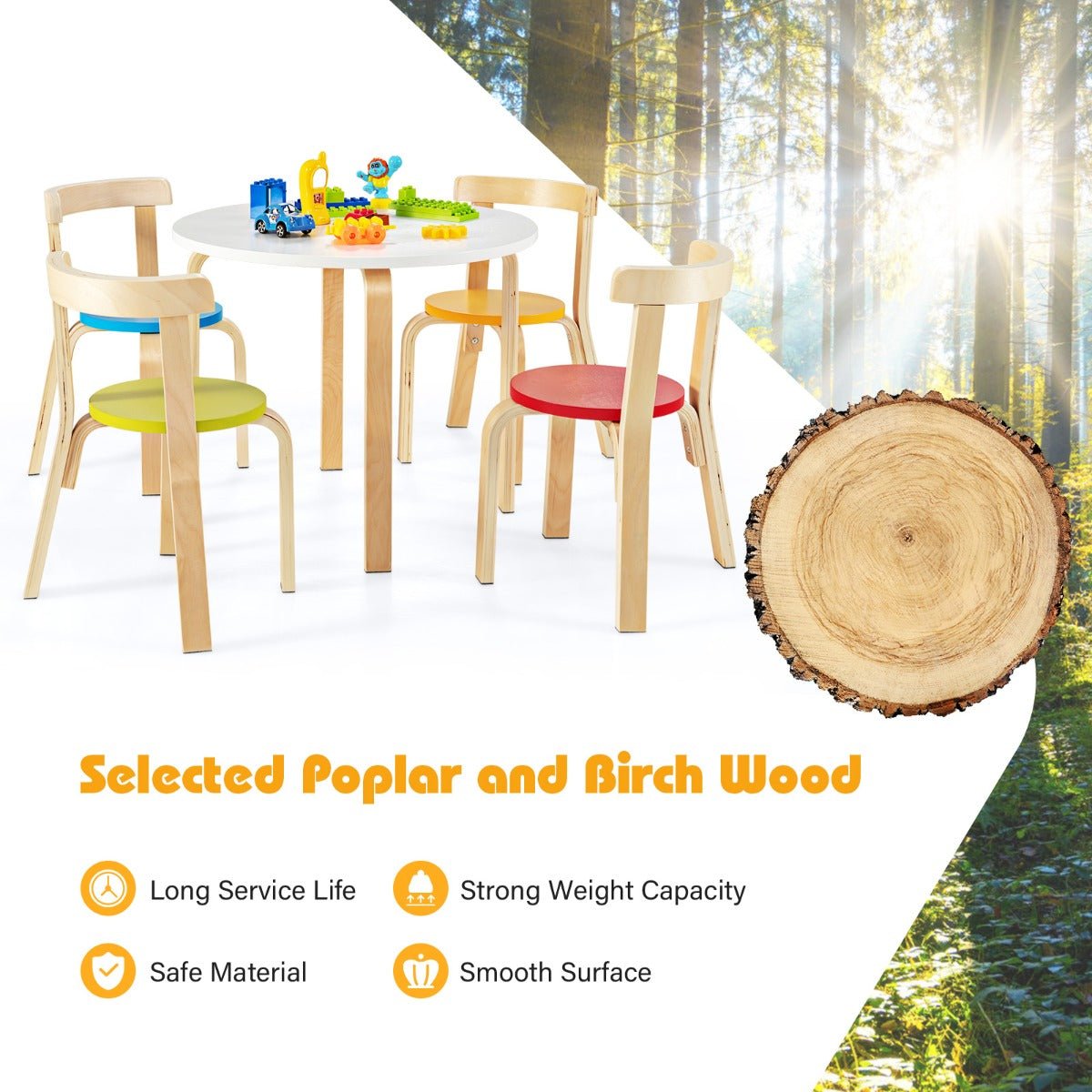 Experience Colorful Playtime with the 5 Pieces Wooden Kids Table and Chairs