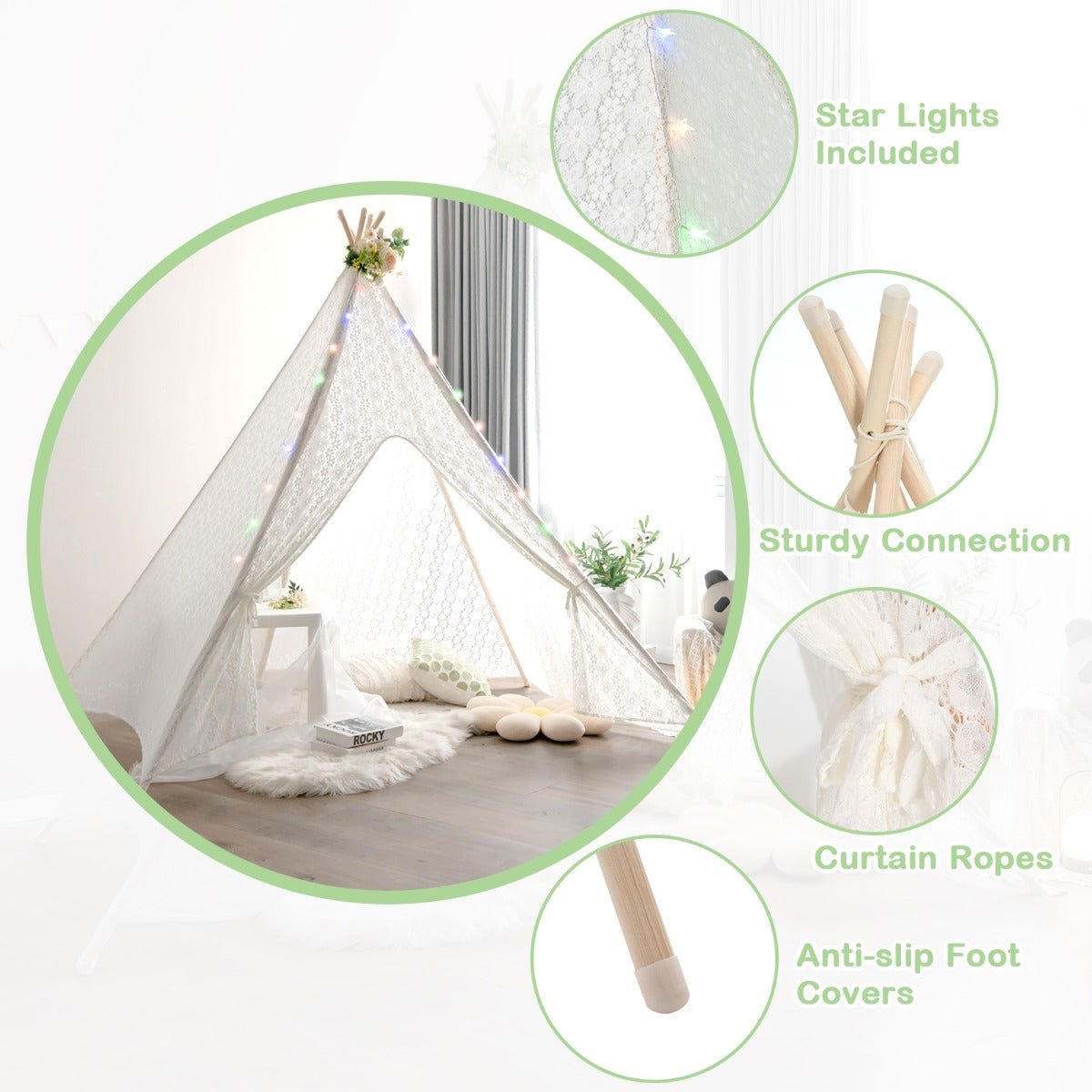 Whimsy and Light: Lace Teepee Tent with colourful Lights for Everyone