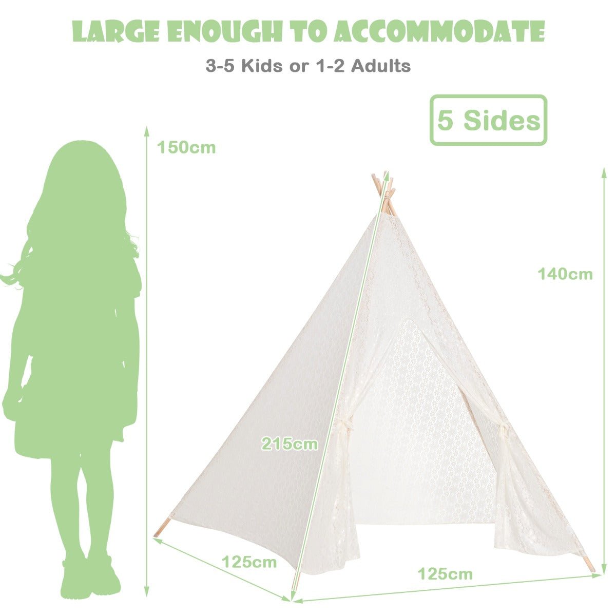 All-Ages Retreat: 5-Side Lace Teepee Tent with Enchanting colourful Lights