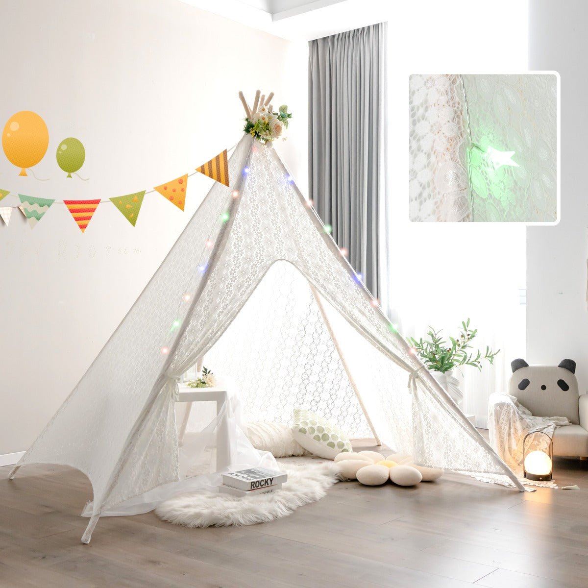 Whimsical 5-Side Lace Teepee with colourful Lights: Perfect for Kids and Adults