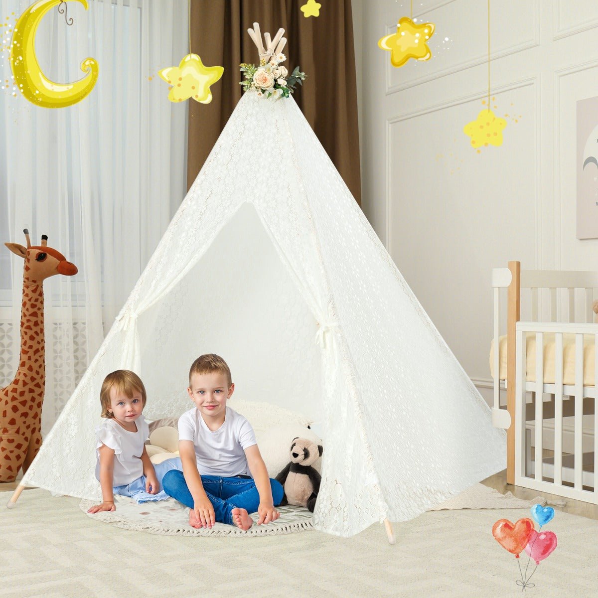 Cozy Retreat: 5-Side Lace Teepee Tent with colourful Lights for All Ages