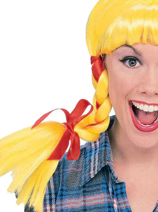 Yellow braided wig with red ribbons, ideal for kids country-themed dress-up play at home.