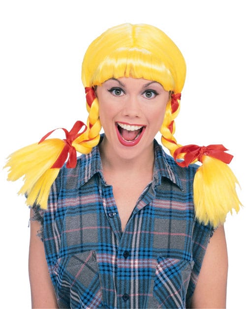 Country girl yellow wig with red ribbons for childrens dress-up play at home.