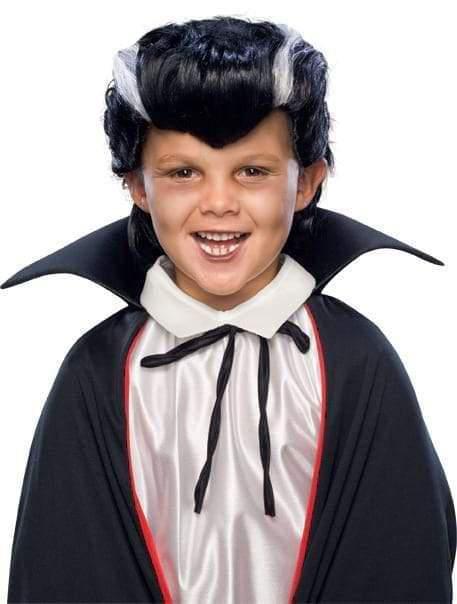 Kids vampire wig with gray streaks and widows peak, perfect for spooky dress-up.