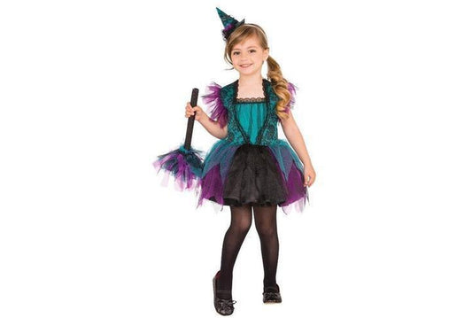 Kids Witch Costume with Tutu Dress and Broom for enchanting playtime at home.