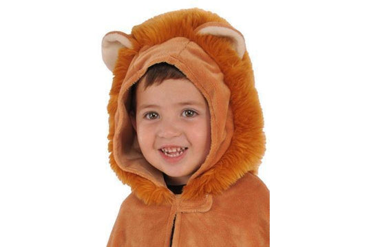 Lion Cub velour cape costume with furry hood, perfect for kids dress-up at home.