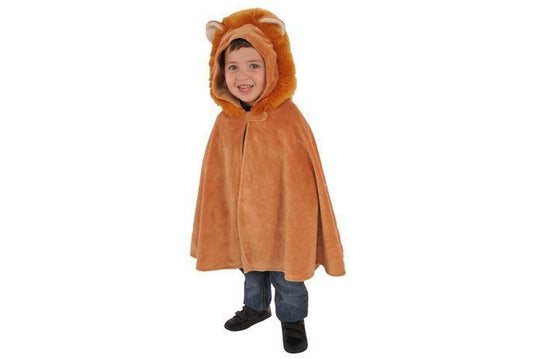 Lion cub velour cape costume for kids with furry hood, perfect for imaginative playtime.