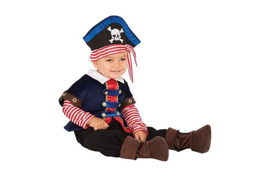 Adorable toddler pirate costume with hat for boys aged 1-2 years, perfect for imaginative play.