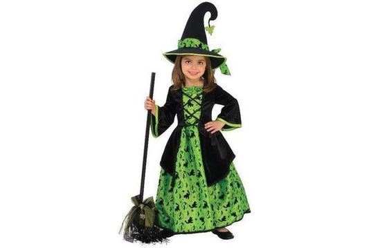 Green velour and satin witch costume for girls, perfect for spooky Halloween dress-up.