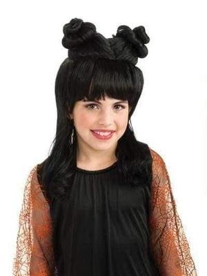 Kids long black witch wig with twirled buns, perfect for Halloween costumes.