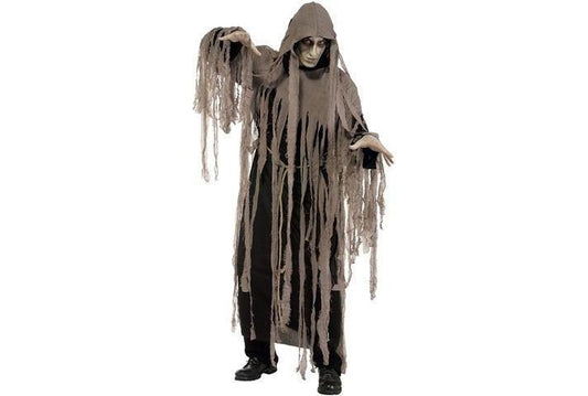 Adult spooky zombie costume robe with tattered design, ideal for Halloween festivities at home.