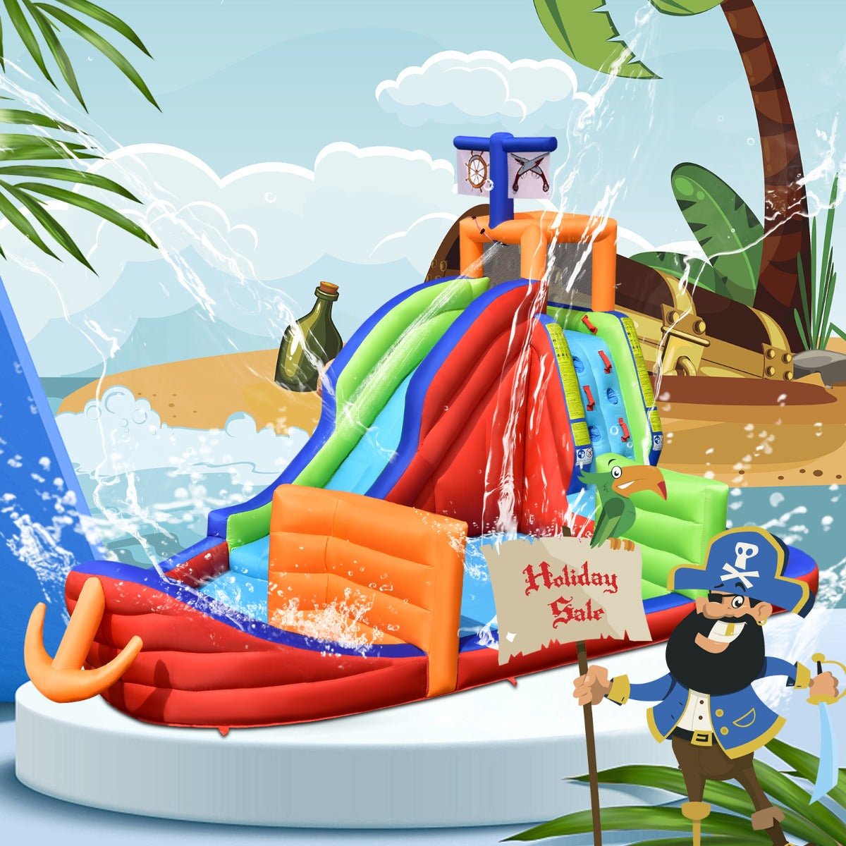 Set Sail for Fun: 6-in-1 Inflatable Pirate Ship Bounce House with Long Slide