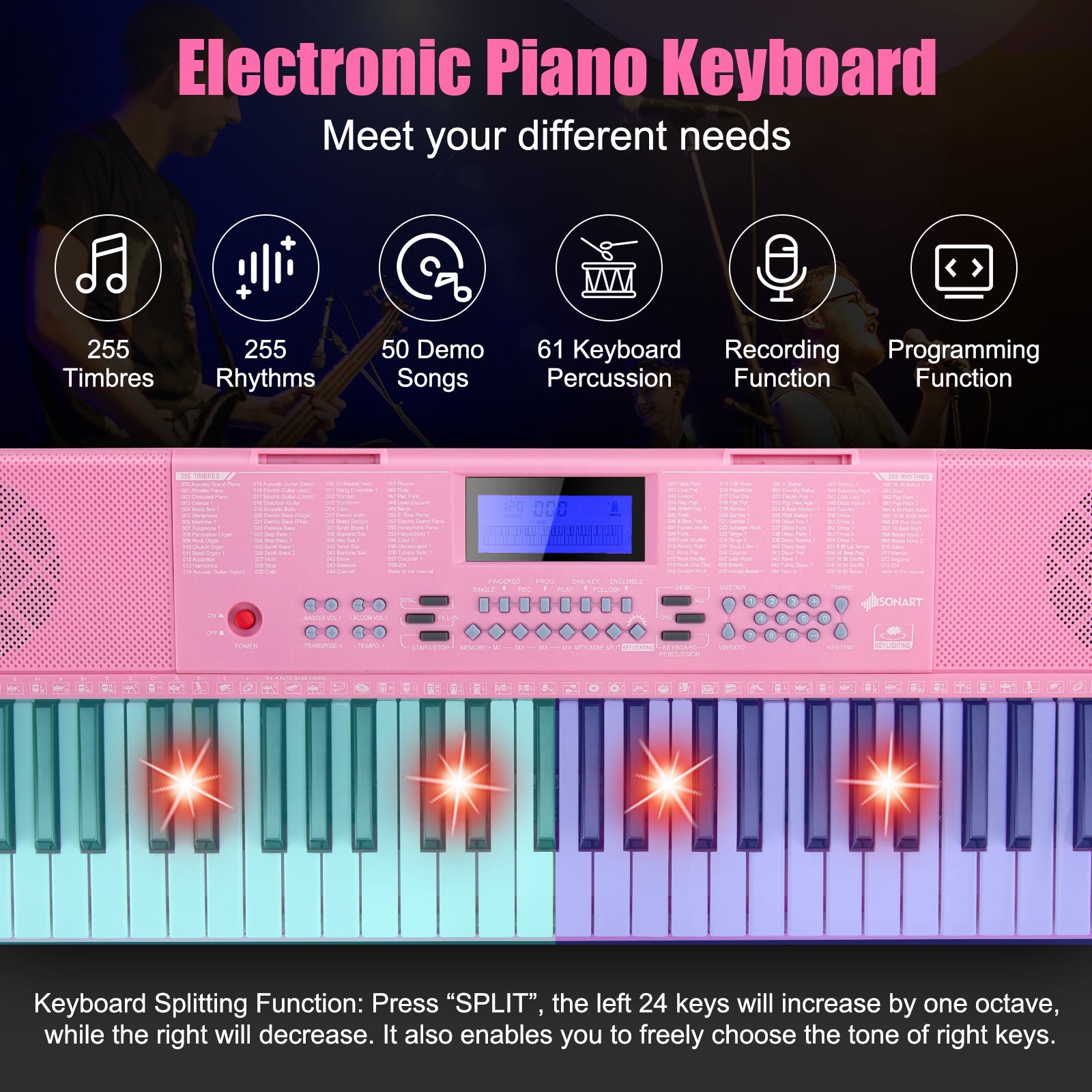Expressive Melodies: 61-Key Portable Electric Piano with Key Music Stand, Pink