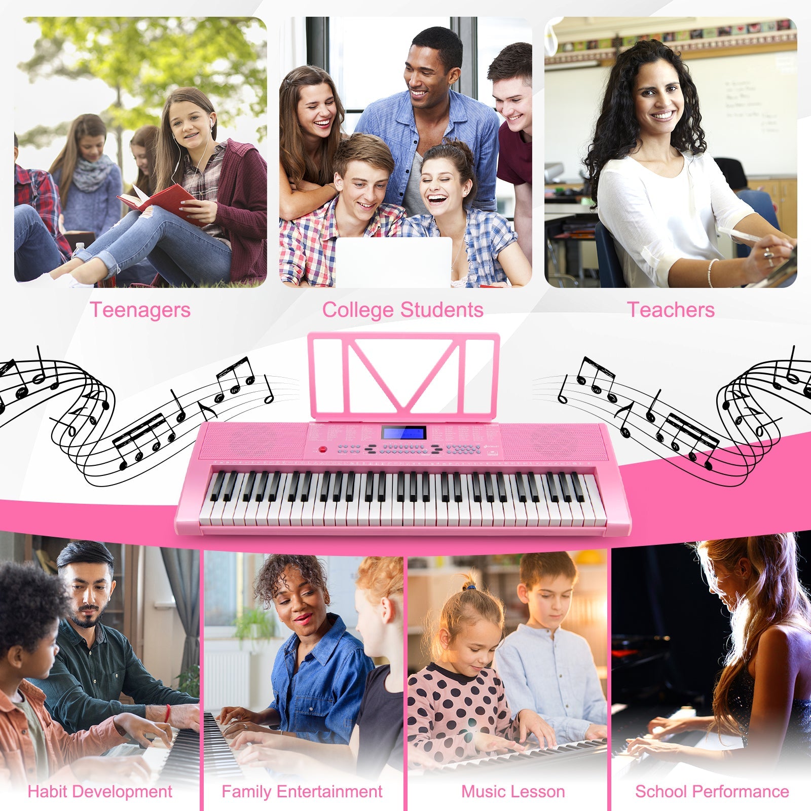 Musical Companion: 61-Key Pink Electric Piano with Key Music Stand, Portable
