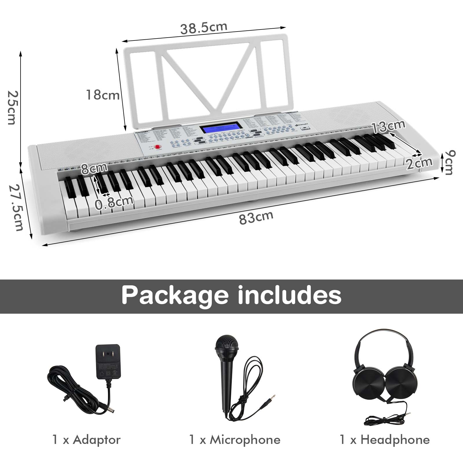 Expressive Sounds: 61-Key Portable Electric Piano with Key Music Stand, White
