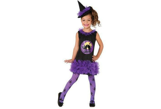 Purple Cat witch costume for toddlers, perfect for Halloween dress-up at home.