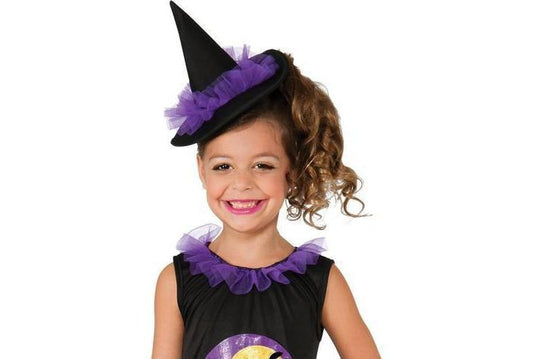 Adorable purple cat witch costume for toddlers, perfect for imaginative play at home.