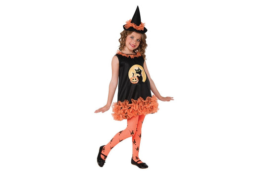 Halloween Orange Tutu Witch Costume for Kids | Features dress, hat and tights for spooky fun.