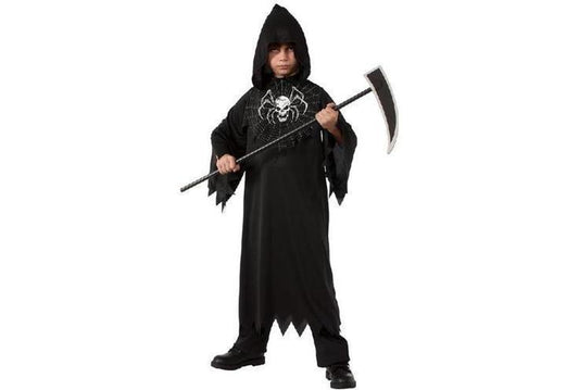 Kids Halloween costume hooded cape with spooky ghoul design for imaginative play at home.