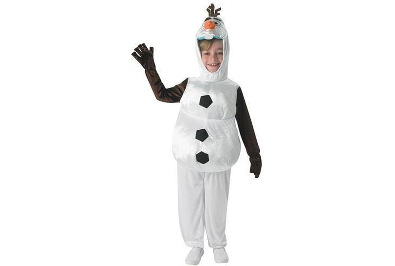 Kids Olaf Disney Frozen Costume, padded snowman jumpsuit for fun dress-up at home.