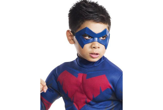 Kids DC Comics Nightwing costume with jumpsuit and mask for pretend play at home.