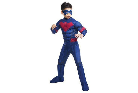 Kids DC Comics Nightwing Deluxe Costume with jumpsuit and mask for superhero-themed playtime.