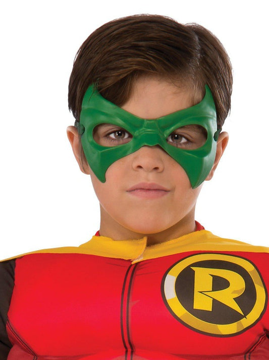 Robin kids costume with cape and mask for home play, based on DC Comics hero.