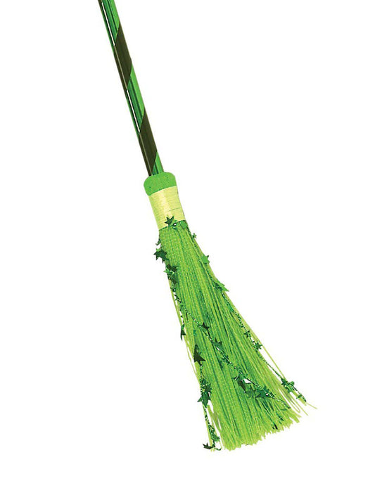 Metallic green witch broomstick for kids Halloween costumes, perfect for magical play adventures.