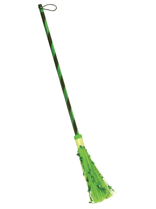 Kids Halloween witch broomstick in metallic green, perfect for completing spooky costumes.