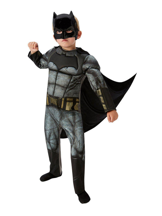 Batman deluxe muscle costume for kids with DC Comics official design for home play.