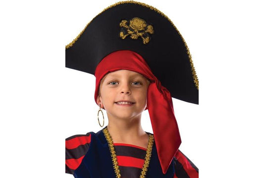 Pirate costume for kids with hat, eye patch, and sword, perfect for dress-up playtime.