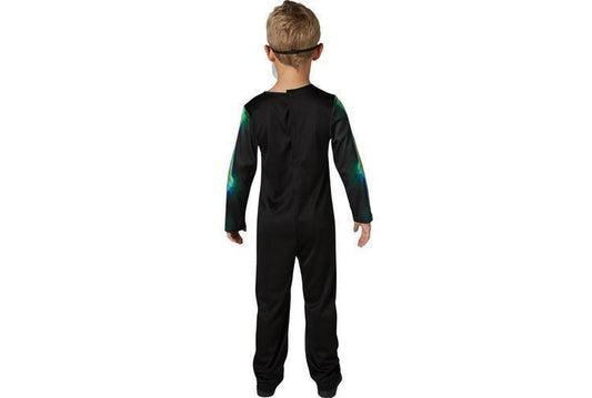 Kids glow-in-the-dark neon skeleton jumpsuit costume ideal for spooky playtime at home.