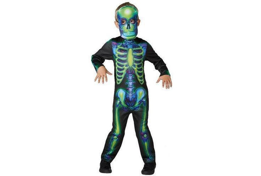 Neon skeleton jumpsuit costume for kids, glowing in the dark for playful at-home fun.