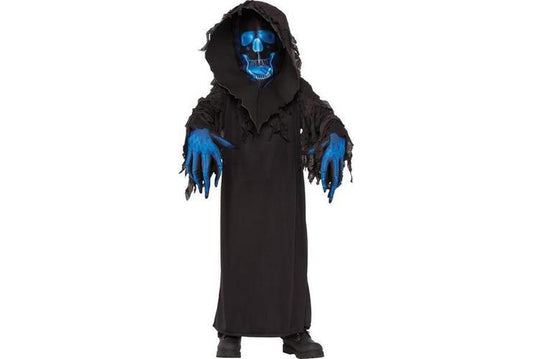 Kids Skull Phantom costume with gloves and mask for spooky dress-up and playtime fun.