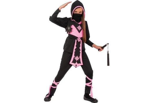 Pink Crystal Ninja Costume set featuring hooded tunic and pants for girls imaginative play.