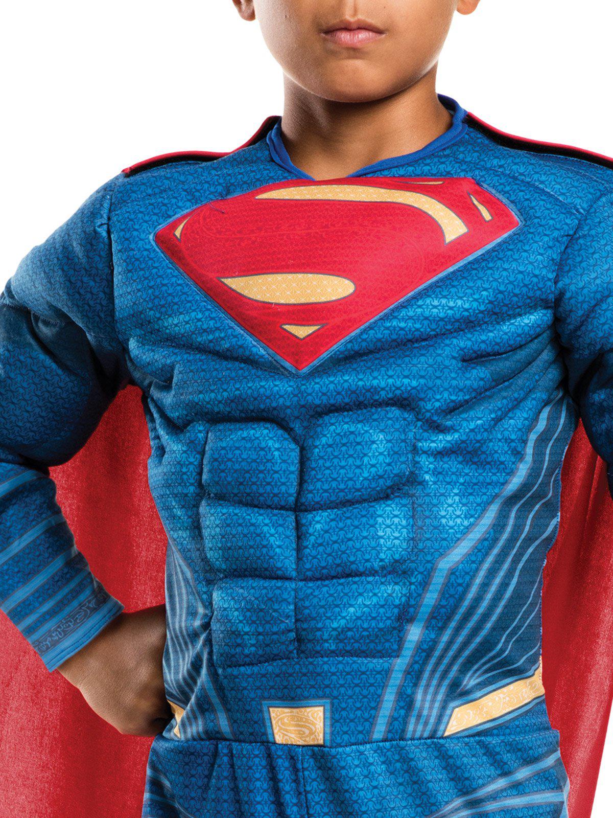 Superman Justice League muscle costume for kids, perfect for superhero dress-up at home.