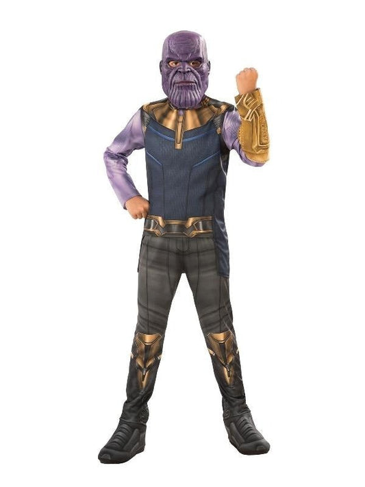 Kids Marvel Thanos costume with Infinity Gauntlet, ideal for imaginative play at home.