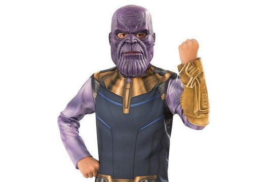 Kids Thanos costume with Infinity Gauntlet for epic pretend play at home.