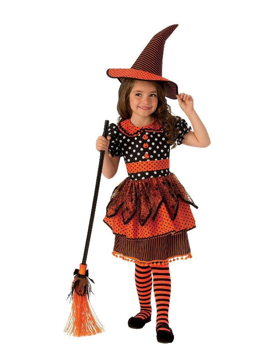 Kids witch Halloween costume with polka dots and hat for festive home dress-up.