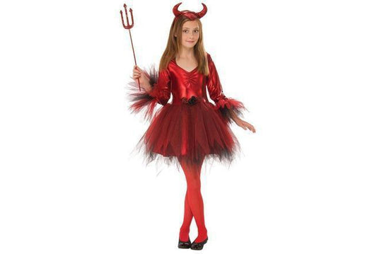Childs devil costume with tutu skirt and pitchfork for playful Halloween dress-up.