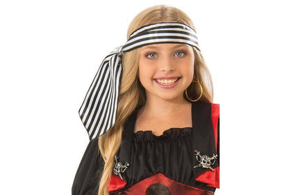 Childs crimson pirate costume with hat and eye patch for playful dress-up at home.