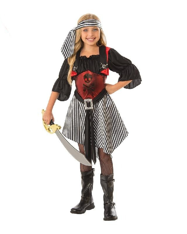 Childs crimson pirate costume with hat and accessories for imaginative play at home.