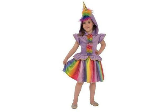 Kids unicorn costume with rainbow mane and horn, perfect for imaginative play at home.