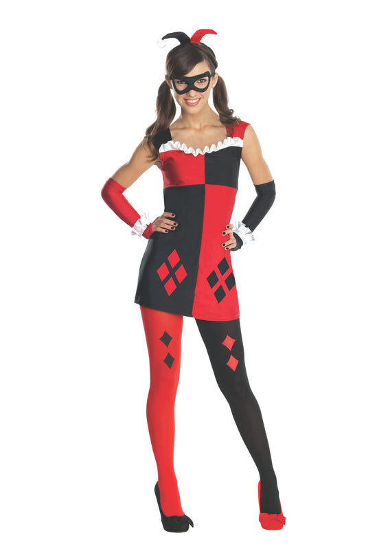 Tween Harley Quinn DC Comics Costume Set with Accessories for kids dress-up play at home.