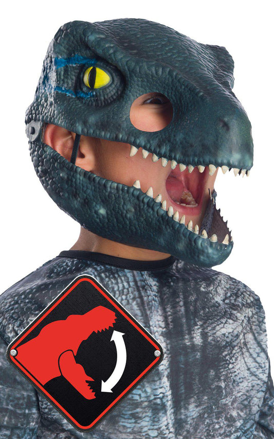 Jurassic World Velociraptor Blue Mask with Moving Jaw for imaginative play at home.