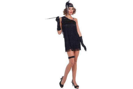 Black Diamond flapper dress adult costume with matching headpiece for Halloween and themed parties.